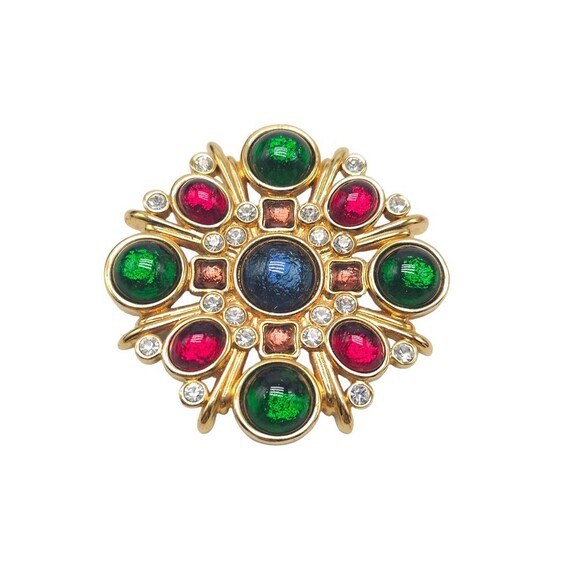 Multicolor Cabochon Rhinestone Glass Star Medallion Brooch Pin Gold Tone Vintage - Picture 1 of 4